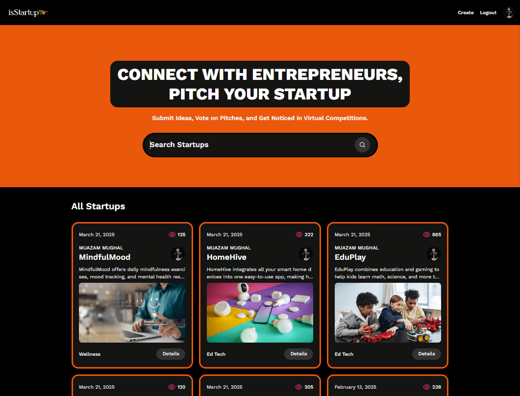 isStartup — screenshot of the full-stack development project