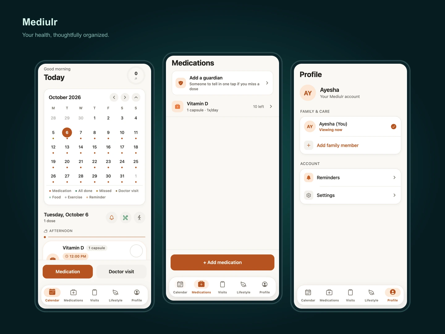 Three screenshots of Mediulr showing its calendar, medications, and profile screens